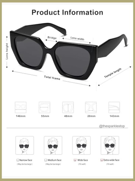 Large Oversized Polarized Sunglasses, Square Cateye Style, UV400 Protection